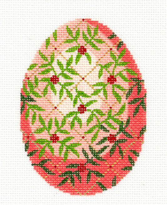 Faberge LEE Jeweled Egg Pink & Green Vines & Trellis Hand Painted Needlepoint Canvas