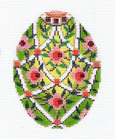 Faberge Egg ~ Jeweled Egg with White Trellis and Pink Roses handpainted Needlepoint Canvas by LEE