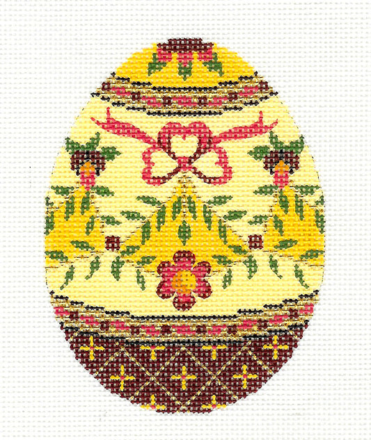 Faberge Egg ~ Jeweled Sunny Yellow and Rose EGG handpainted Needlepoint Canvas or Ornament HP 438
