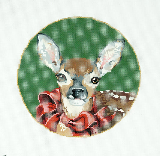 " FAWN with RED BOW " Lg. 6.5" Round handpainted Needlepoint Canvas by Sandra Gilmore