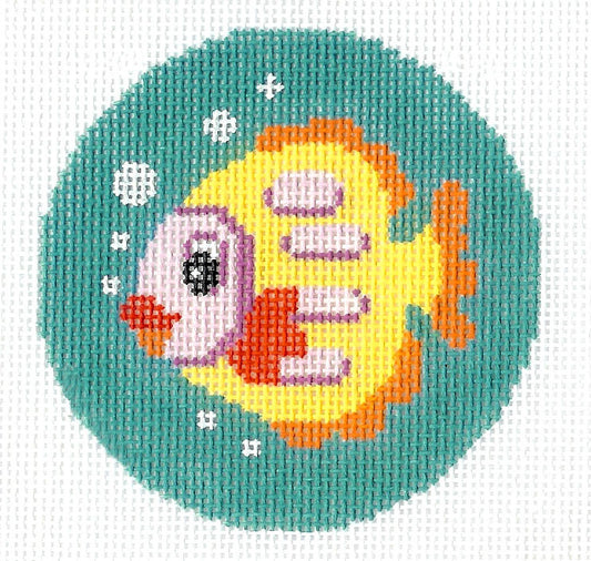 Round~ LEE Tropical Fish handpainted Needlepoint Canvas Ornament 3" Rd.