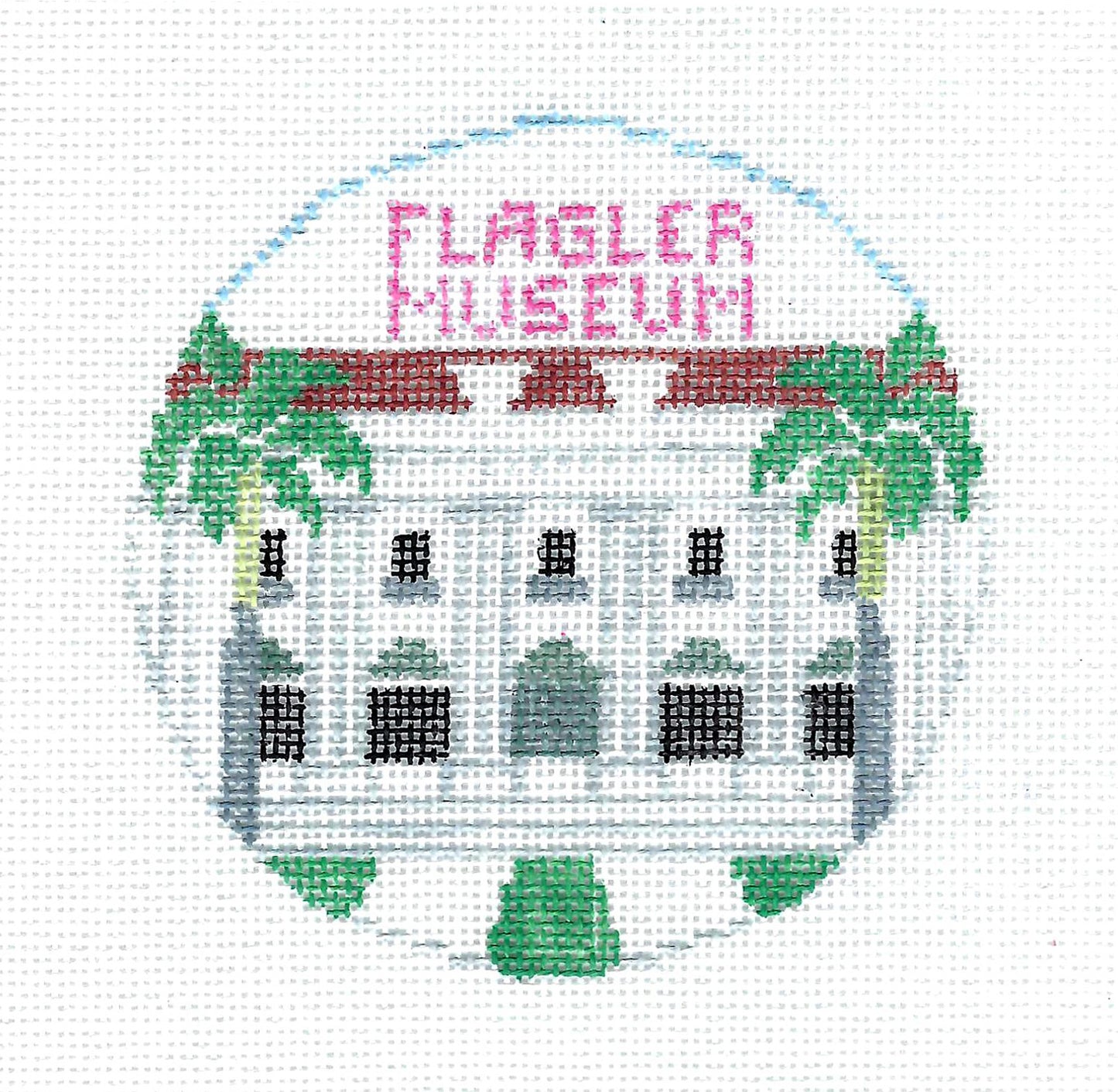 Travel  Round ~ FLAGLER MUSEUM in Palm Beach, Florida  4" Round handpainted Needlepoint Canvas ornament by Kathy Schenkel