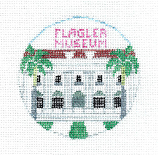 Travel  Round ~ FLAGLER MUSEUM in Palm Beach, Florida  4" Round handpainted 18 Mesh Needlepoint Canvas ornament by Kathy Schenkel