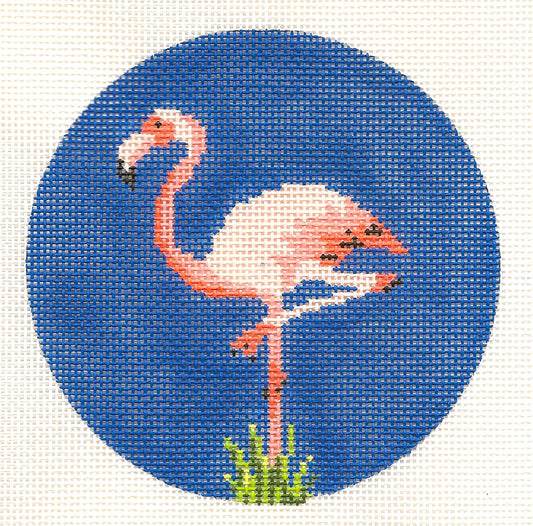 Bird Round ~ Tropical Flamingo Bird Ornament HP Needlepoint Canvas by CB from Danji