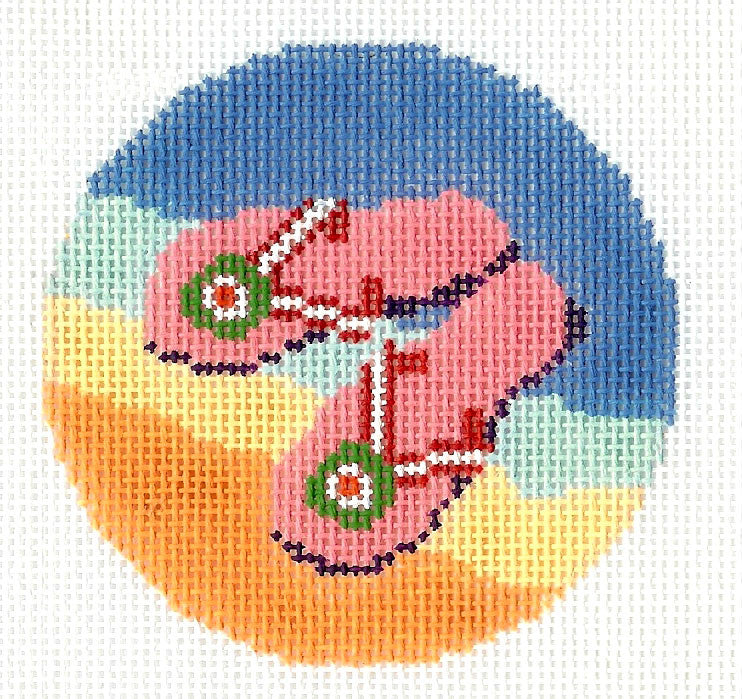 Round~LEE Summer Flip Flops at the Beach handpainted HP Needlepoint Canvas 3" Rd.