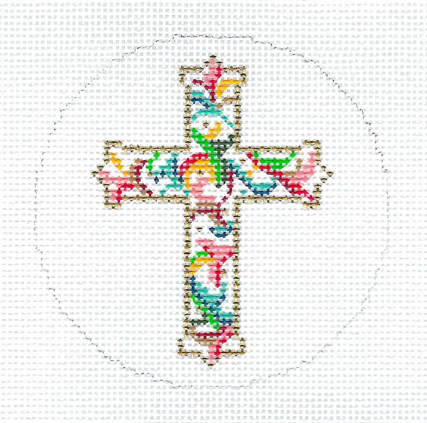 Cross ~ Florentine CROSS handpainted 3" Rd. 18 Mesh Needlepoint Canvas Ornament or Insert by LEE