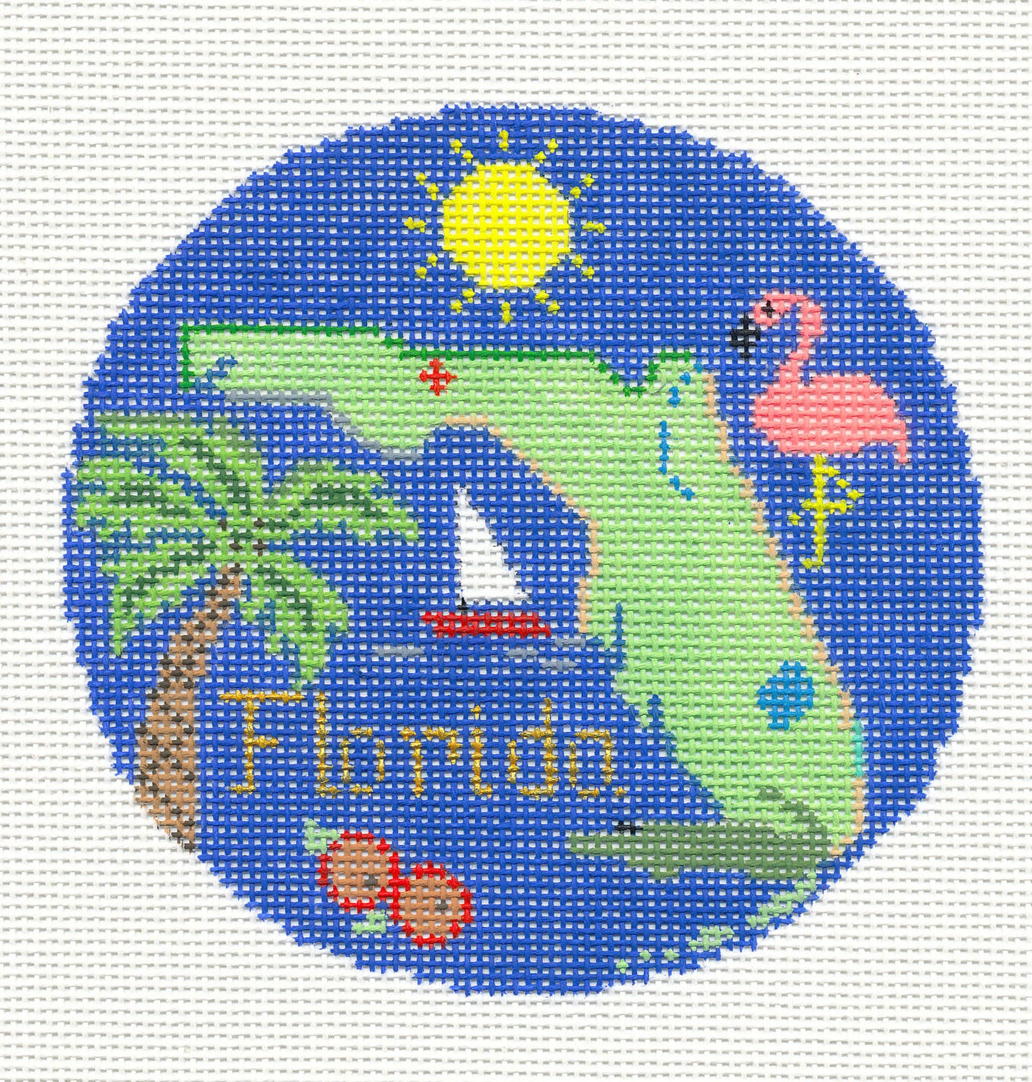 Travel Round ~ State of FLORIDA handpainted 4.25" Needlepoint Canvas by Silver Needle