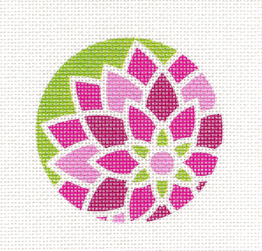 Pink & Green Deco Flower 3" Round Insert handpainted Needlepoint Canvas by Pepperberry
