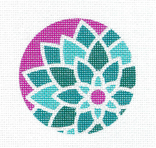 3" Round ~ Teal & Pink Deco Flower 3" Round  handpainted Needlepoint Canvas by Pepperberry