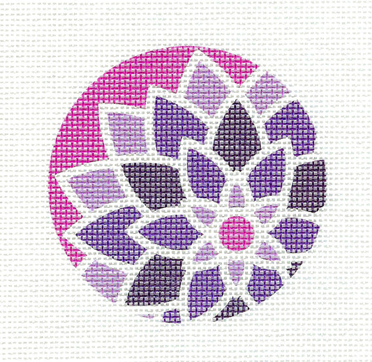 Purple & Pink Deco Flower 3" Round handpainted Needlepoint Canvas by Pepperberry