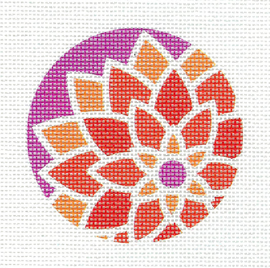 3" Round ~ Orange & Pink Deco Flower 3" Round handpainted Needlepoint Canvas by Pepperberry