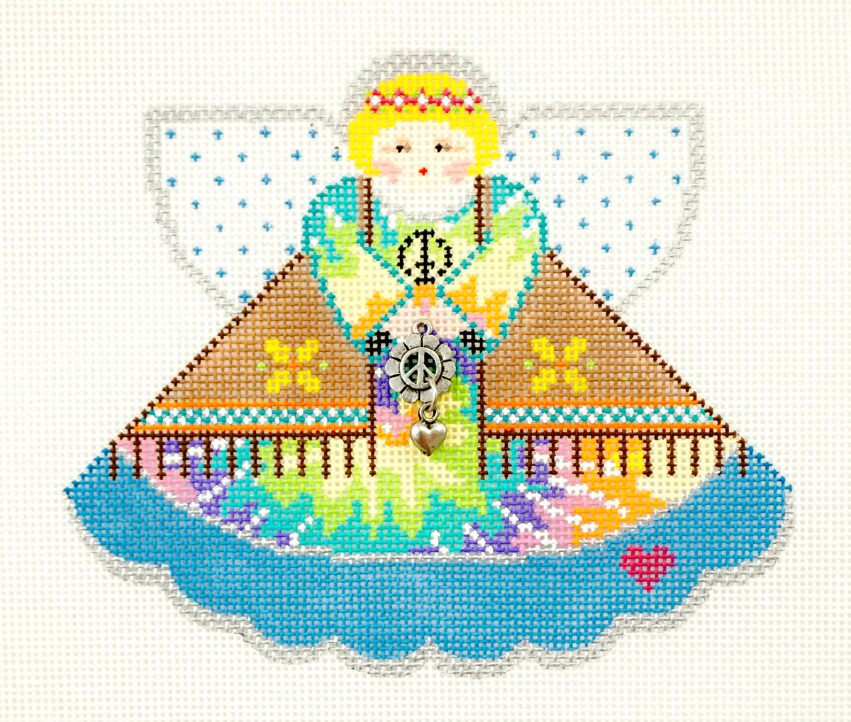 Angel ~ 1960's HIPPIE Angel & Charms "Flower Child" 18 mesh handpainted Needlepoint Canvas by Painted Pony