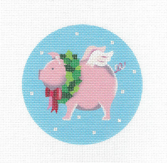 Round ~ Flying Pig with Christmas Wreath 18 Mesh handpainted Needlepoint Ornament Canvas by Pepperberry