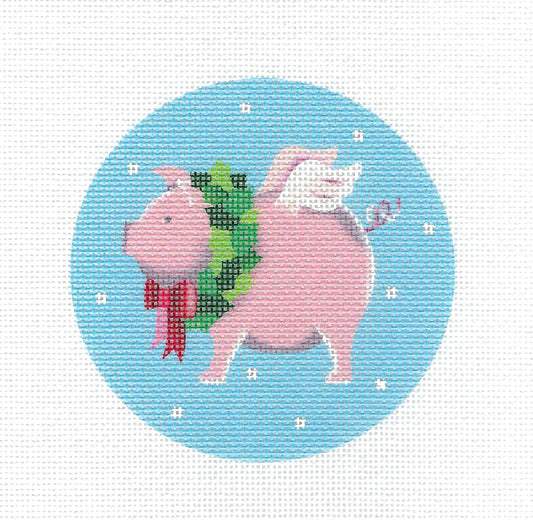 Round ~ Flying Pig Wearing a Christmas Wreath 18 Mesh handpainted 4" Rd. Needlepoint Ornament Canvas by Pepperberry