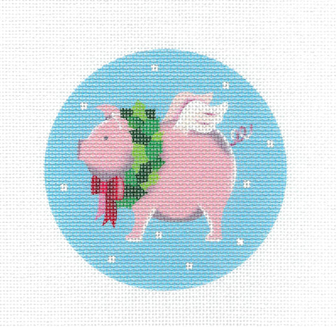Round ~ Flying Pig with Wreath 18 Mesh handpainted Needlepoint Canvas by Pepperberry