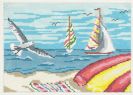Canvas~Sailboats and Gull handpainted Needlepoint Canvas~by Needle Crossings