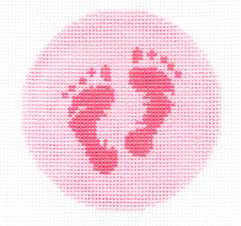 Baby Round ~ Baby Girl Pink Footprints handpainted 3" Rd. 18 mesh Needlepoint Canvas Ornament by LEE