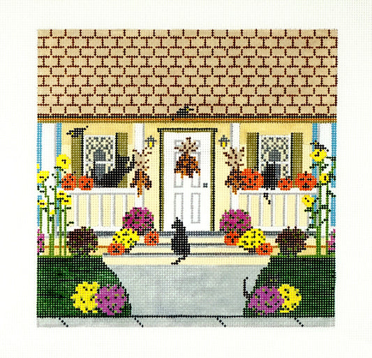 Autumn House with Cats & Pumpkins on the Porch handpainted 9.45" Square 13 Mesh Needlepoint Canvas by Needle Crossings
