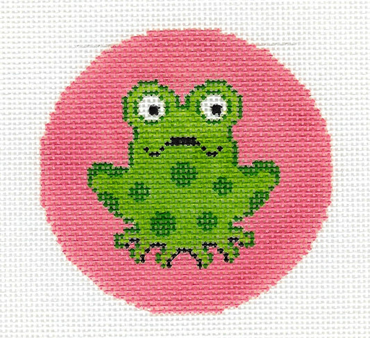 Round~LEE Smiling Happy Frog handpainted Needlepoint Canvas 3" Rd. Ornament or Insert