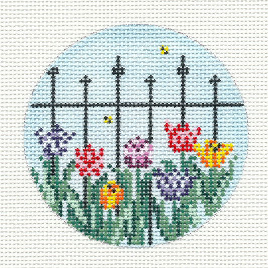 Round ~ 3" Wrought Iron Fence & Tulips handpainted Needlepoint Canvas~by Needle Crossings