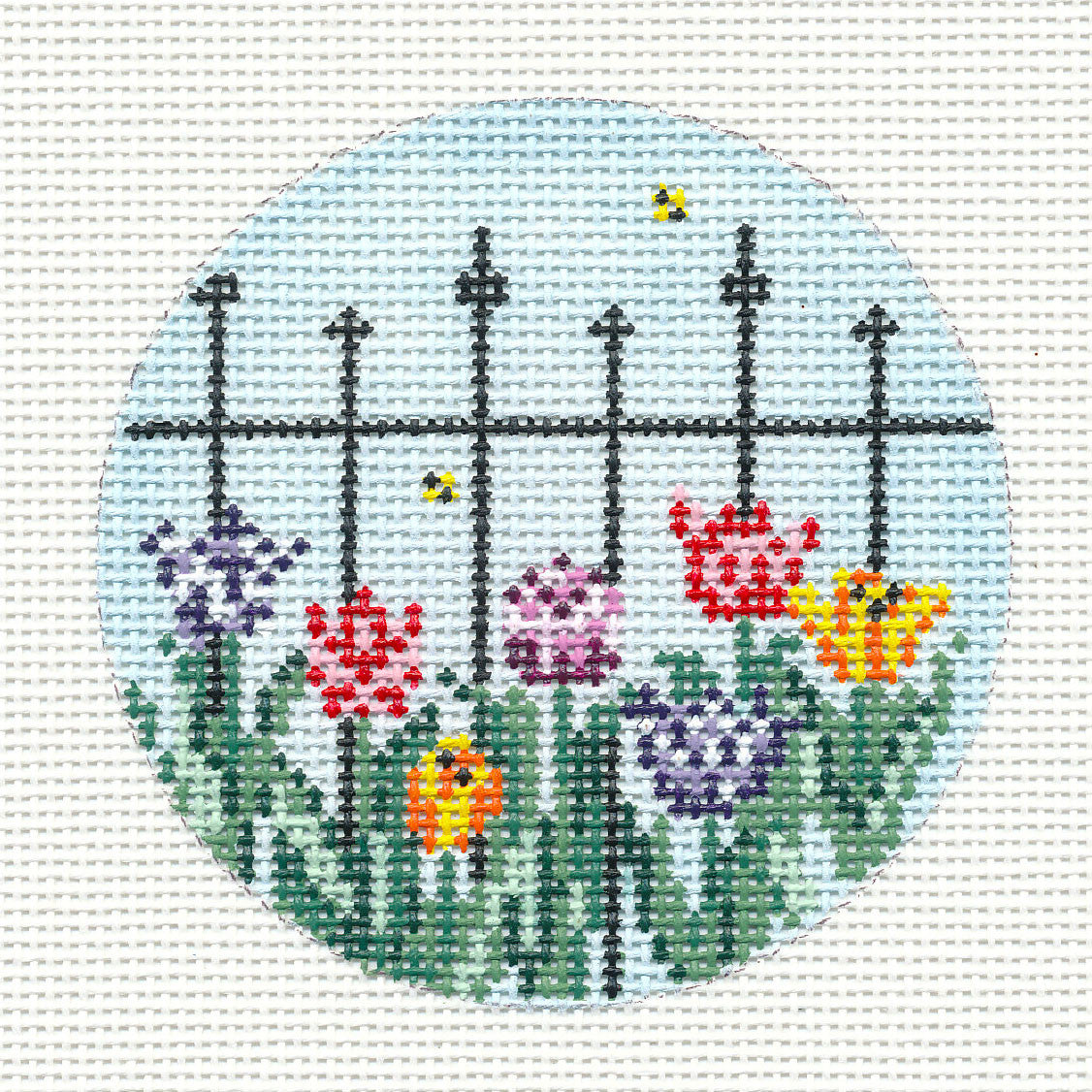 Round ~ Wrought Iron Fence & Tulips 3" Rd. handpainted Needlepoint Canvas by Needle Crossings