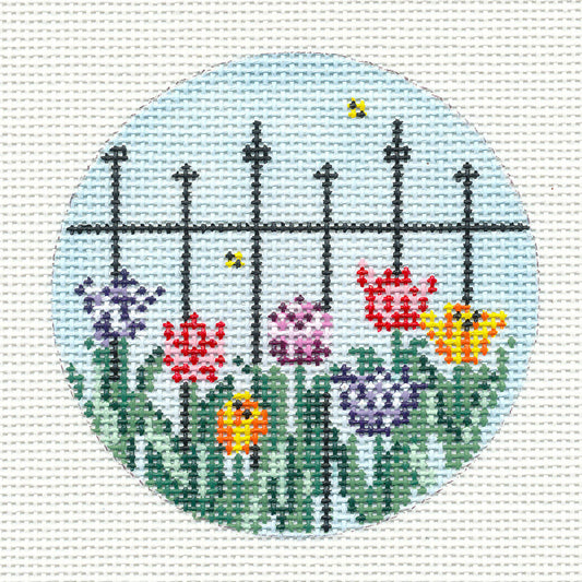 Round ~ Wrought Iron Fence & Tulips 3" Rd. handpainted Needlepoint Canvas by Needle Crossings
