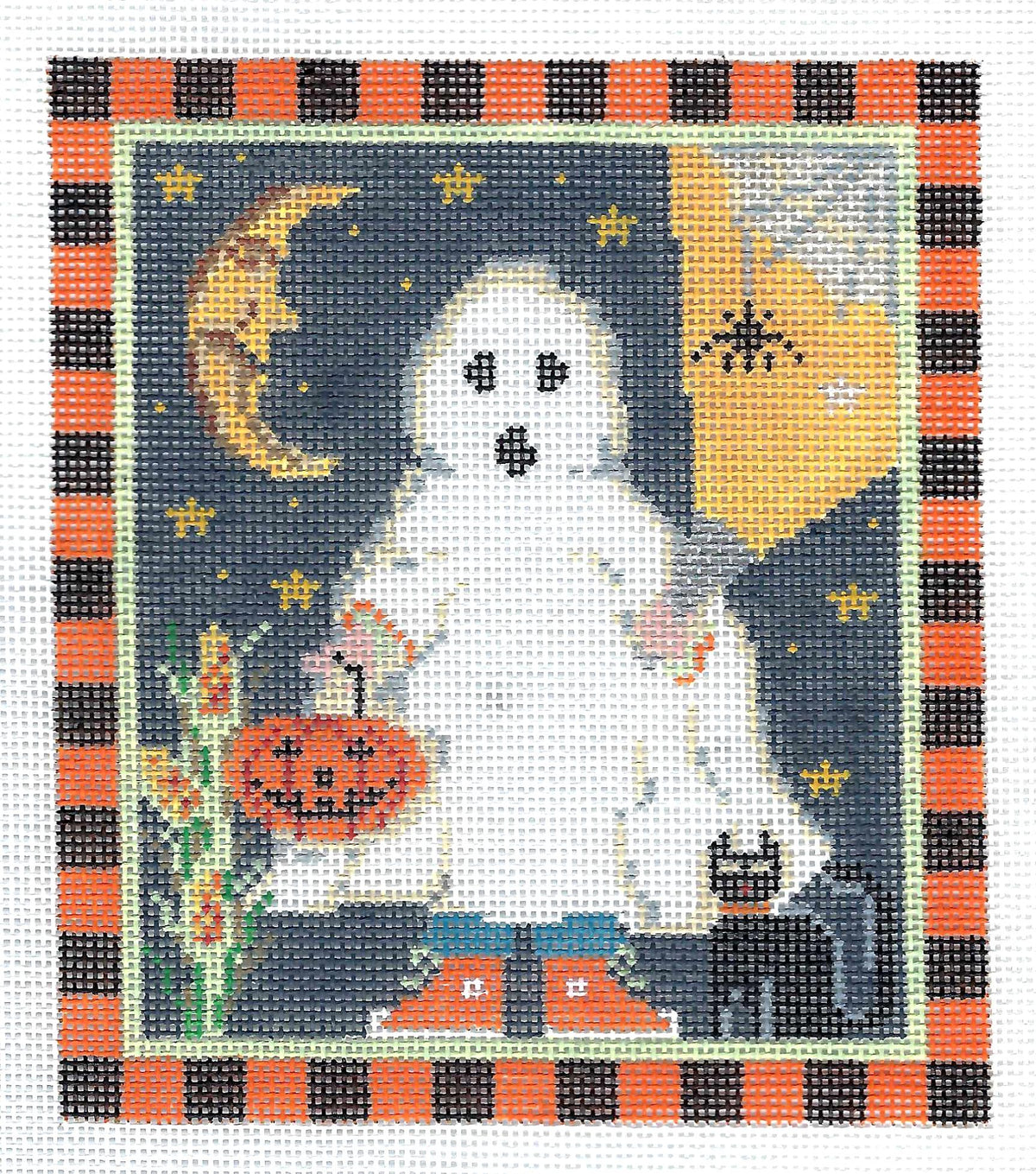 Halloween ~ Ghostly Trick-or-Treater handpainted on 14 Mesh Needlepoint Ornament Canvas by Kelly Clark
