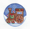 Christmas ~ Gingerbread Train Engine 4" Rd. Handpainted 18 Mesh Needlepoint Canvas by Rebecca Wood