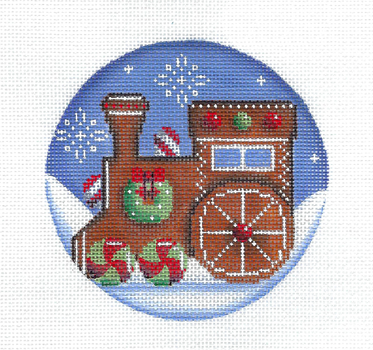 Christmas ~ Gingerbread Train Engine 4" Rd. Handpainted 18 Mesh Needlepoint Canvas by Rebecca Wood