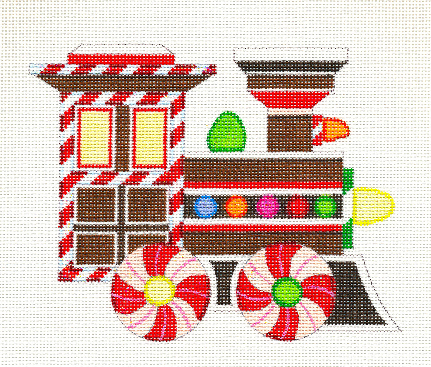 Gingerbread Train ~ Holiday TRAIN ENGINE handpainted 18 mesh Needlepoint Canvas by Raymond Crawford