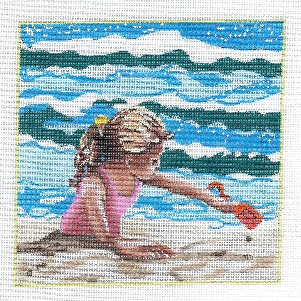 Seaside Summer ~ Little Girl Playing on the Beach handpainted Needlepoint Canvas by Kamala from Juliemar