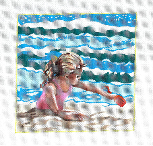 Seaside Summer ~ Little Girl Playing on the Beach handpainted Needlepoint Canvas by Kamala from Juliemar