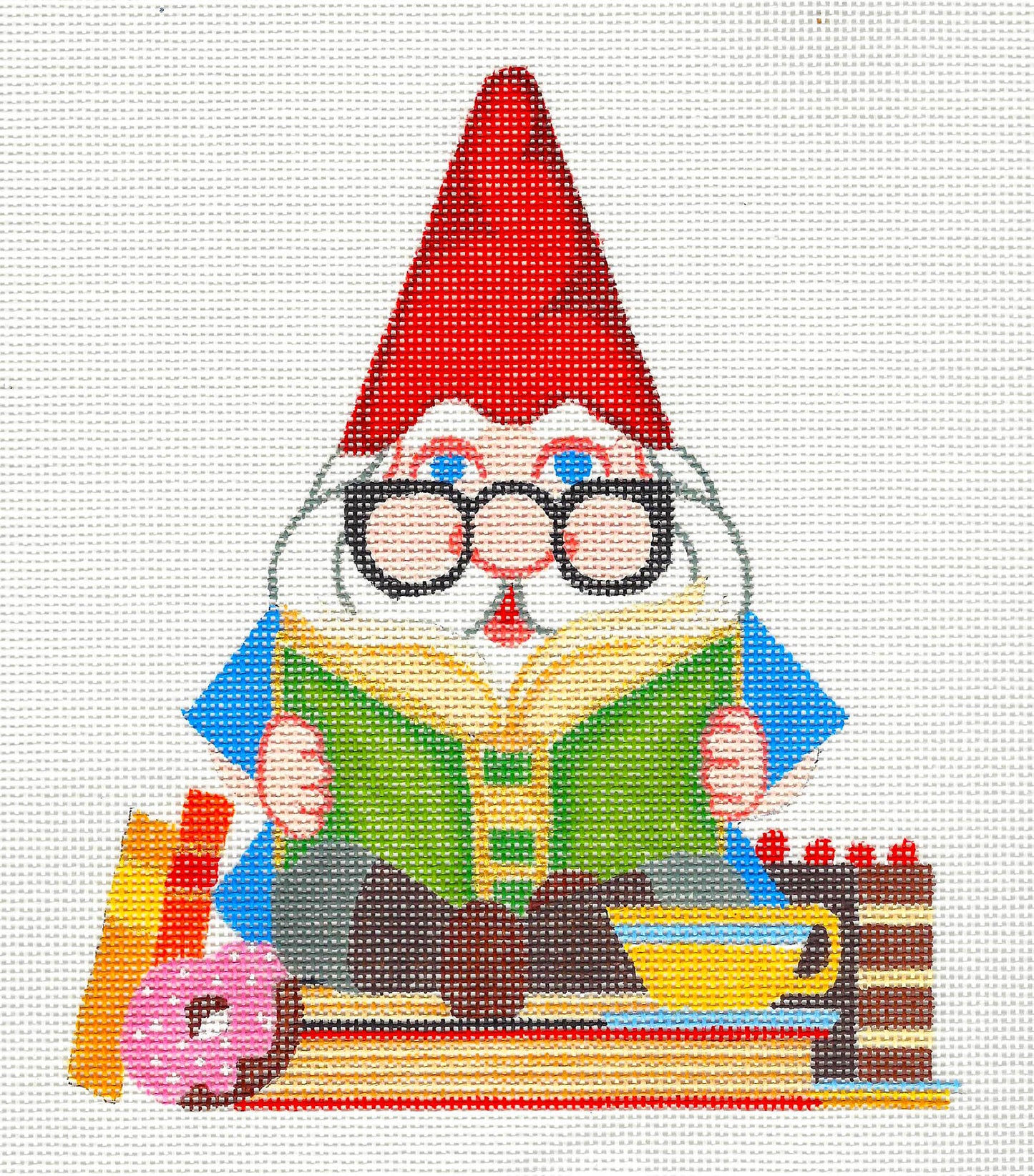 Gnomes ~ Reading Gnome handpainted Needlepoint Canvas from Raymond Crawford