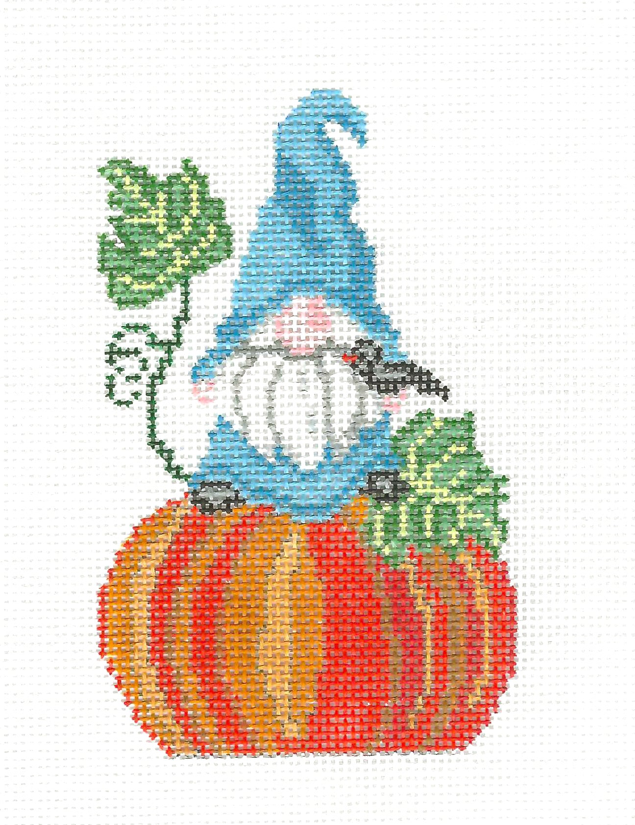 Gnome Canvas ~ Pumpkin GNOME handpainted Needlepoint Ornament Canvas by D. Schwartz from Juliemar