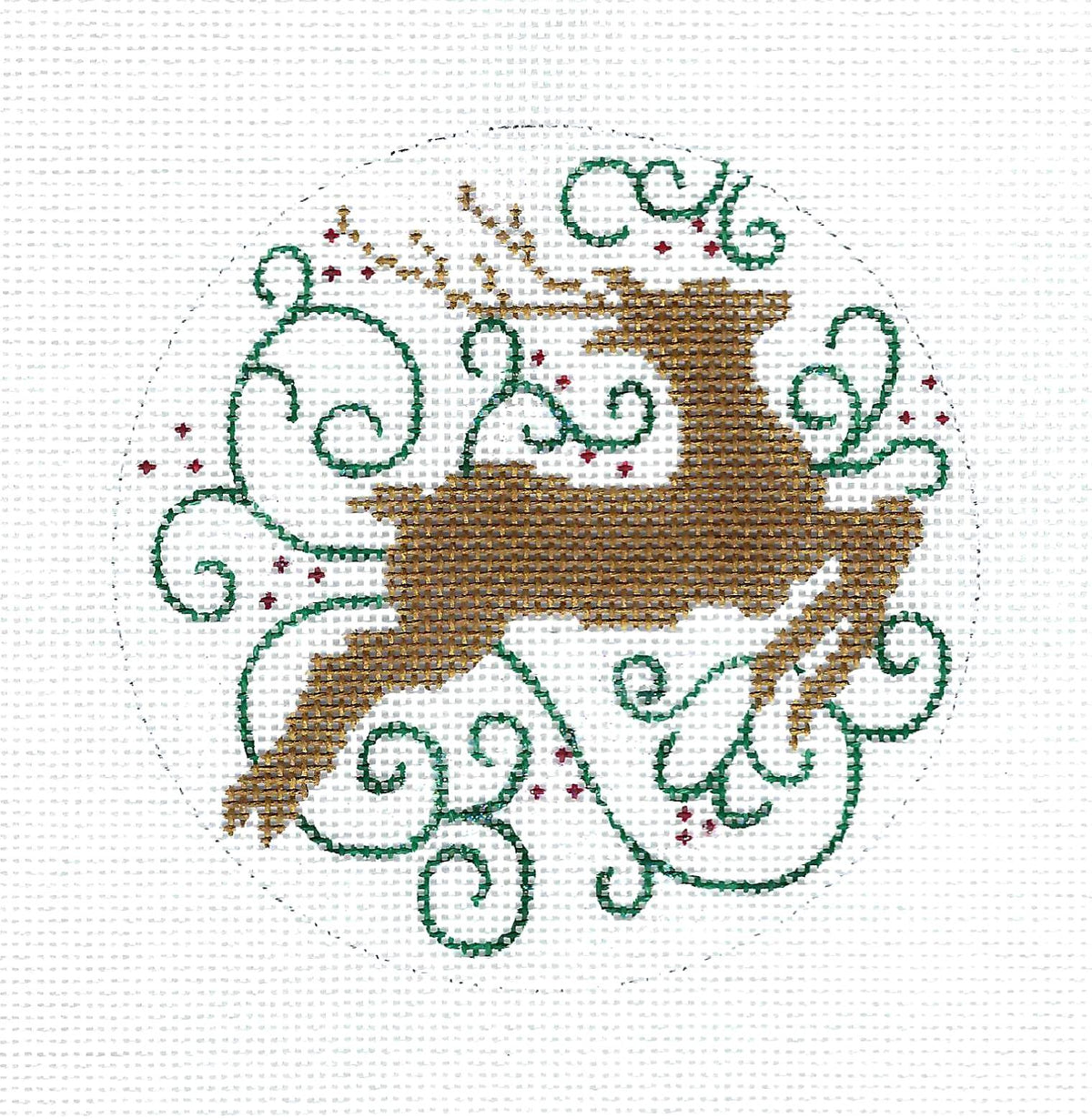 Christmas ~ Golden Reindeer & Filigree 4" Round Ornament handpainted 18m Needlepoint Canvas Amanda Lawford