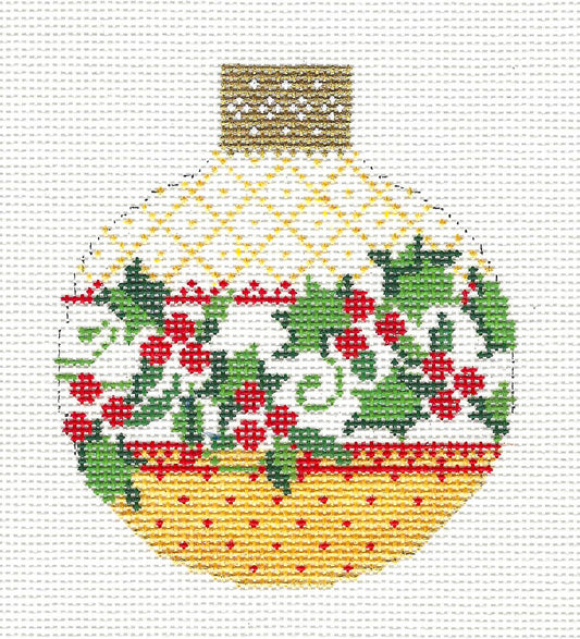 Round ~ Gold and White Holly & Berry Ornament 18 mesh handpainted 3.25" Needlepoint Canvas by Whimsy and Grace
