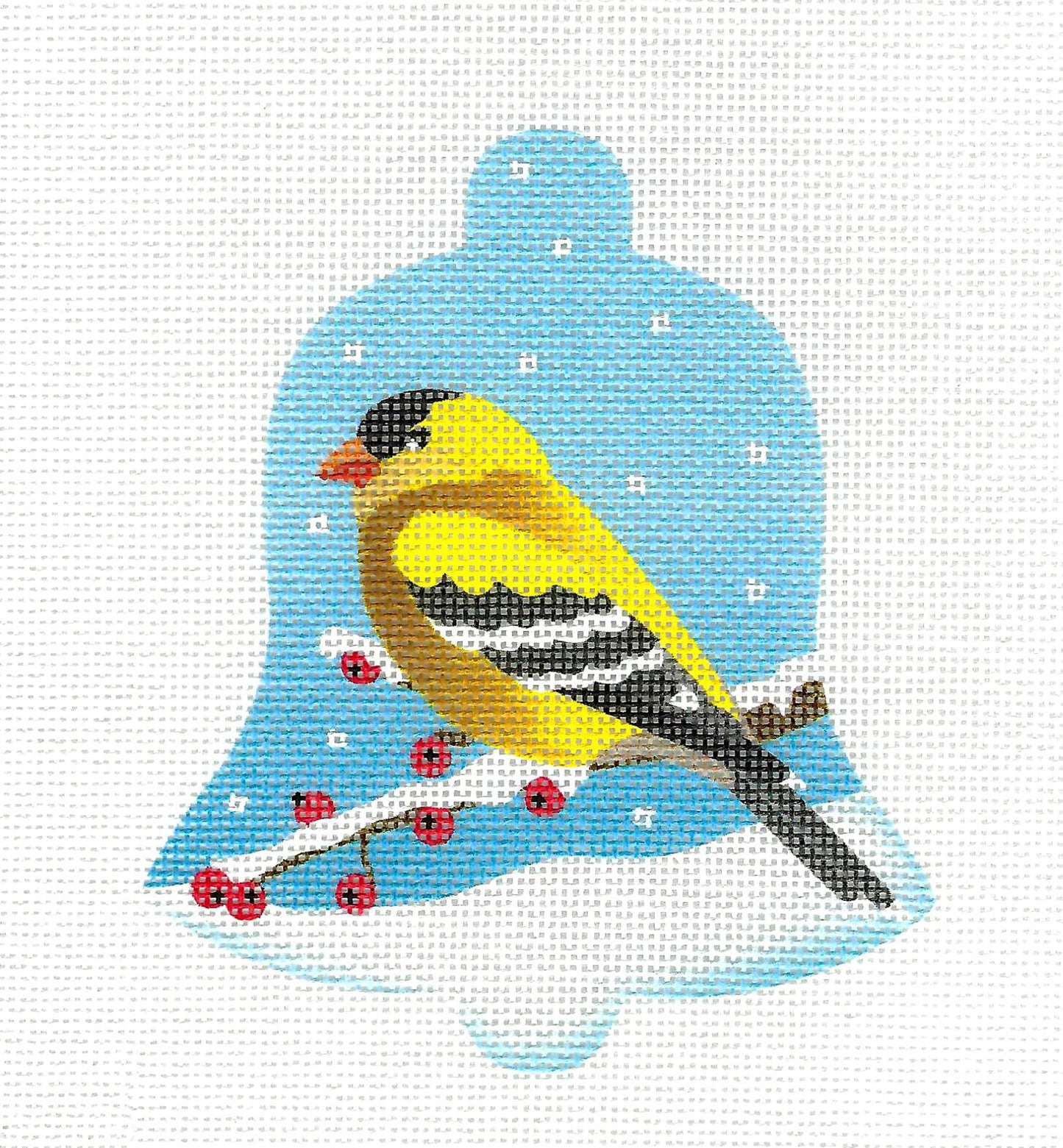 Bird Bell ~ Goldfinch on Branch in Snow Bird Bell handpainted Needlepoint Ornament Canvas by Pepperberry