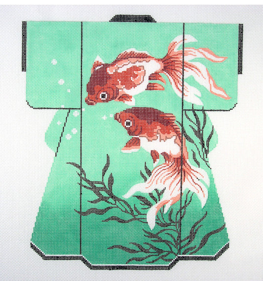 Kimono ~ Oriental Koi Gold Fish on Green LG. Kimono handpainted Needlepoint Canvas by LEE