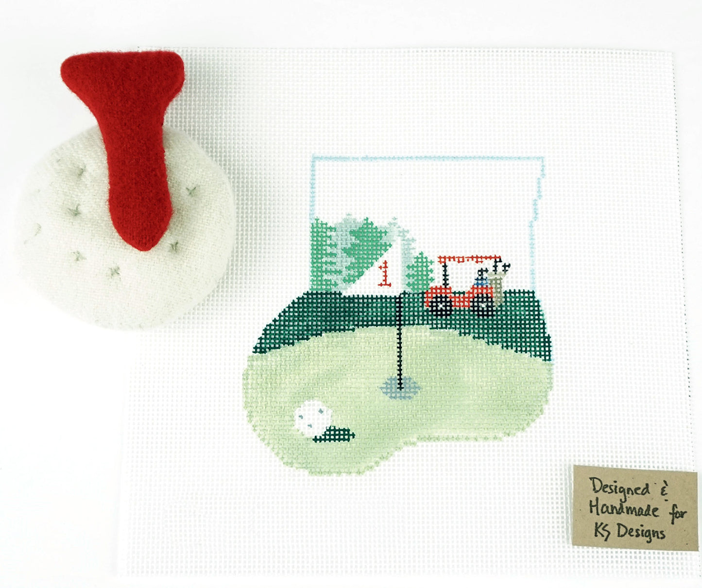 Sports ~ GOLF COURSE & BALL SET~ handpainted 18 mesh Needlepoint Mini Stocking Ornament & Ball Canvas by Kathy Schenkel
