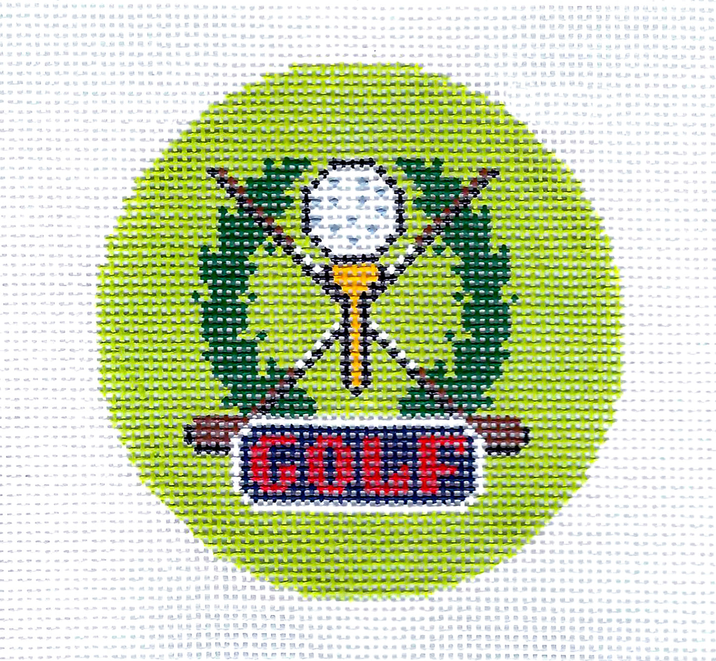 Sports Round ~ GOLF Crest 18 mesh Needlepoint Canvas 3" Rd. HP Ornament or Insert by LEE