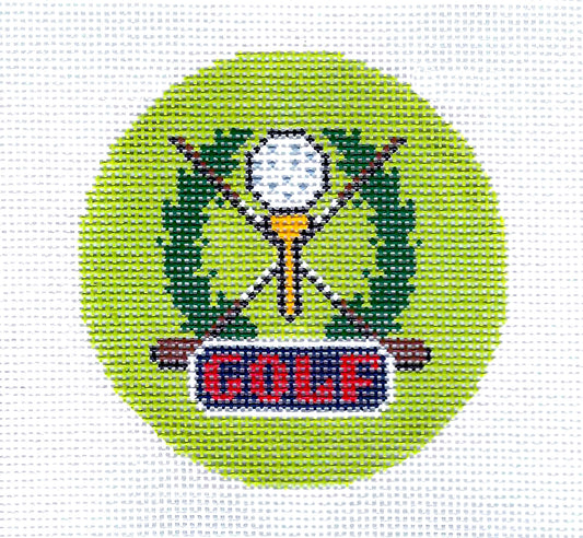 Sports Round ~ GOLF Crest 18mesh HP Needlepoint Canvas 3" Rd. Ornament or Insert by LEE