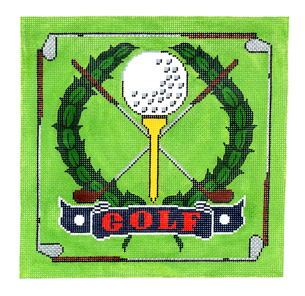 Sports Canvas ~ GOLF CREST Large handpainted 10" SQ. 13 Mesh Needlepoint Canvas with Wreath, Clubs, Tee, Ball on 13 mesh by LEE