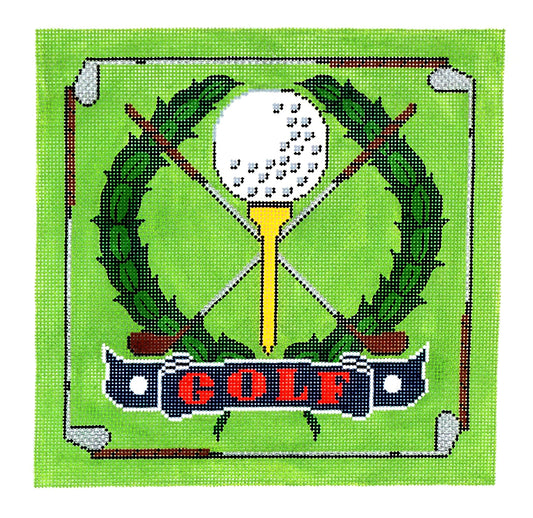 Sports Canvas ~ GOLF CREST Large handpainted 10" SQ. Needlepoint Canvas with Wreath, Clubs, Tee, Ball on 13 mesh by LEE
