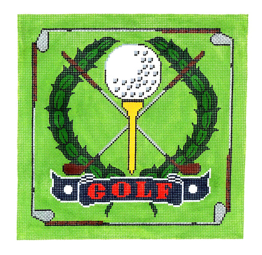 Sports Canvas ~ GOLF CREST Large handpainted 10" SQ. 13 Mesh Needlepoint Canvas with Wreath, Clubs, Tee, Ball on 13 mesh by LEE
