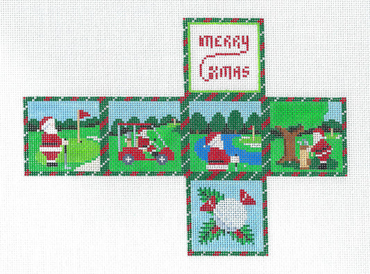 Christmas Cube ~ Golfing with Santa Sports CUBE 3-D Ornament handpainted Needlepoint Canvas by Susan Roberts