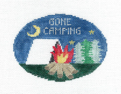 GONE CAMPING  Oval Ornament handpainted 18 Mesh Needlepoint Canvas by Kathy Schenkel