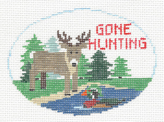 Oval ~ GONE HUNTING handpainted 18 mesh Sports Needlepoint Canvas by Kathy Schenkel