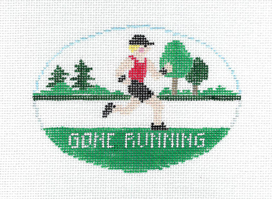 Sports Oval ~ "Gone Running" Sports handpainted Needlepoint Canvas by Kathy Schenkel