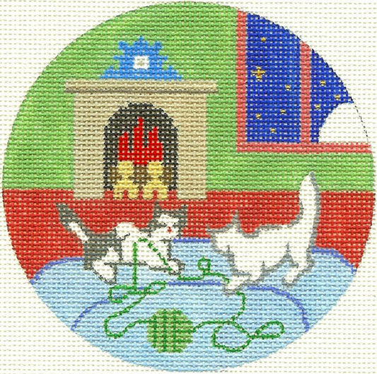 Child's Round ~ Goodnight Moon 2 Kittens Playing handpainted 4.25" Needlepoint Canvas by Silver Needle