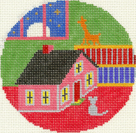 Child's Round ~ Goodnight Moon Mouse & House 4.25" handpainted Needlepoint Canvas by Silver Needle